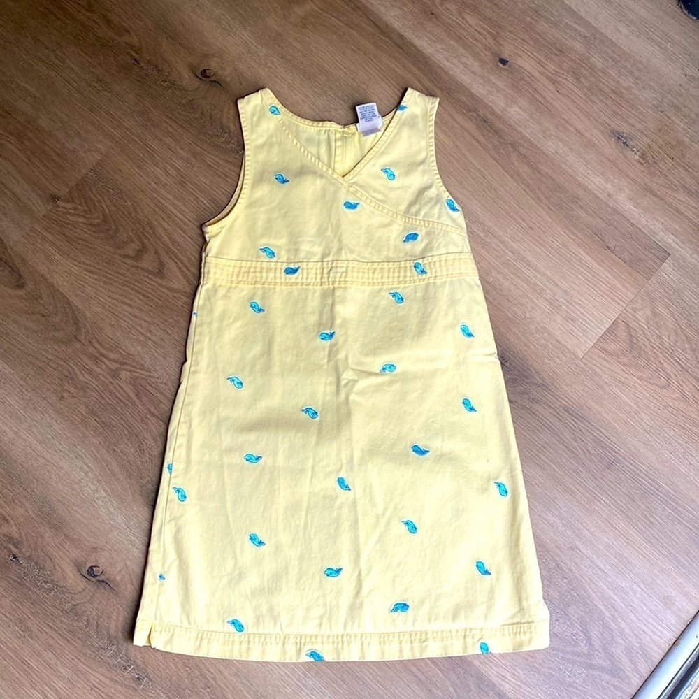 L.L. Bean 100% cotton little girls dress embroidered whales yellow & blue size 8